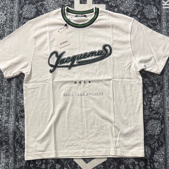 Jacquemus White Crew T-Shirt with Green Trim and Script Logo